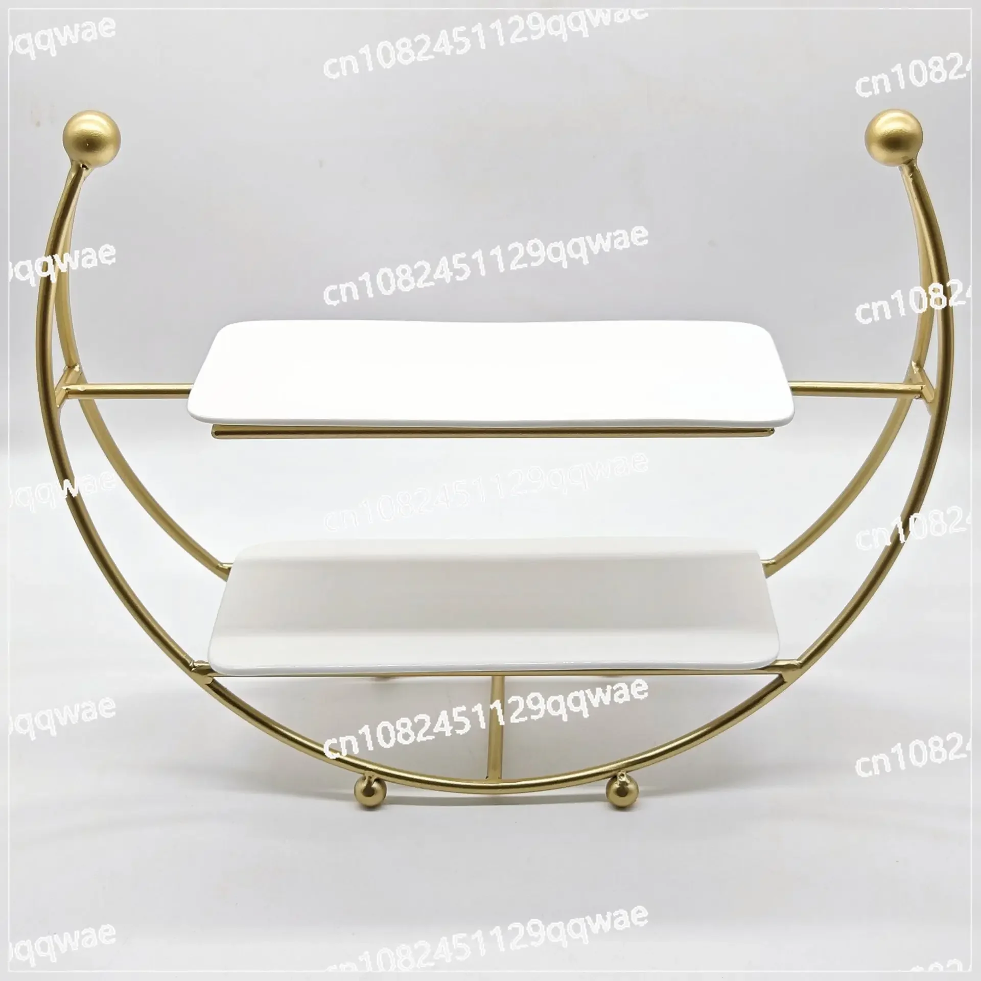 Crescent Moon Cake Rack with Ceramic Plate Refreshment Plate Double Layer Metal Fruit Cold Food Tea Break Set Table