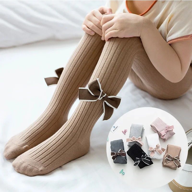 Dziecko dziewczyna bawełniane prążkowane rajstopy z kokardką maluch dziecko wiosna jesień ciepłe rajstopy księżniczki dzianinowe noworodka spodnie dla niemowląt akcesoria dla dzieci