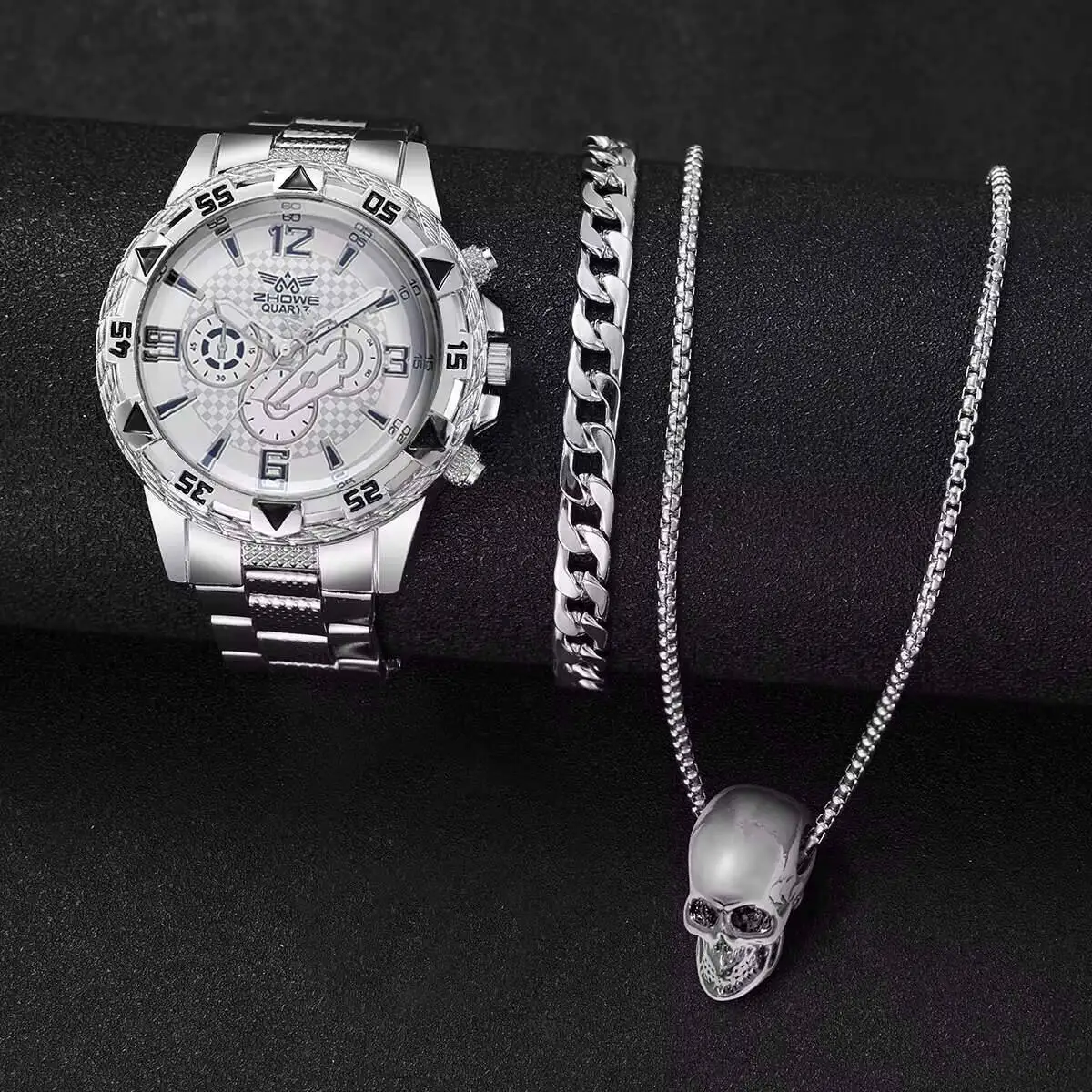 スチールストラップ付きメンズクォーツ時計,ビジネスウォッチ,メンズファッションジュエリーセット,ボックスなし,1セットあたり3個