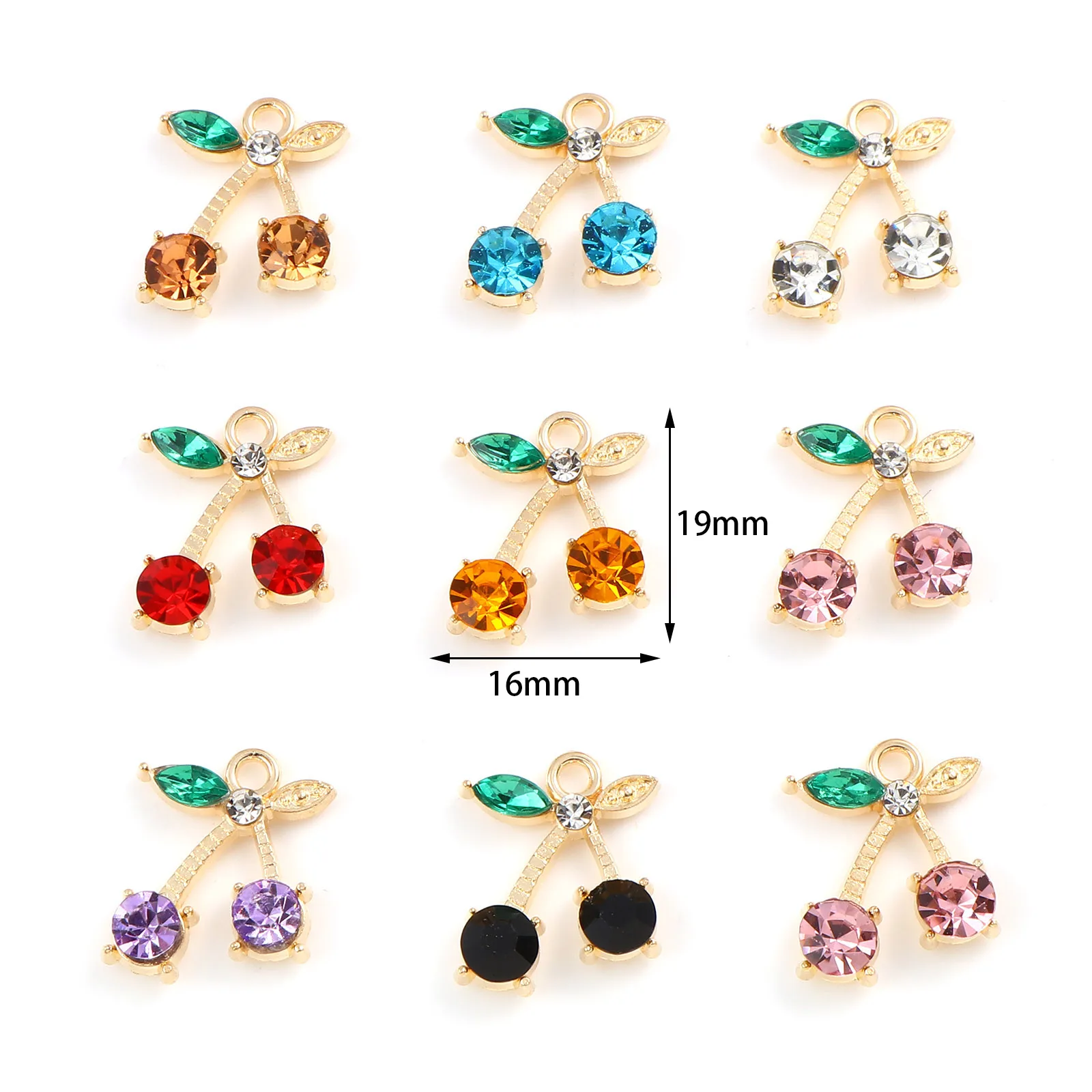 10PCs Fruit Cherry Charms Pendants Gold Color Colored Rhinestones Pendant Cherry Shaped Necklace Pendants for DIY Women Jewelry