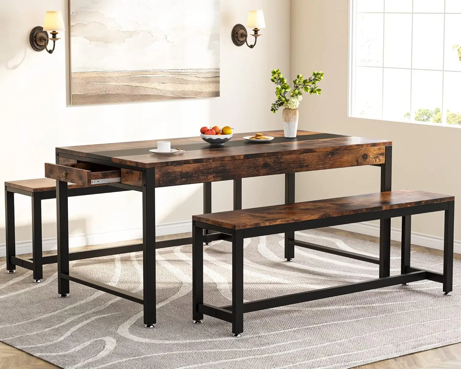 63 Inch Large Dining Table Set For 4 To 6, Kitchen Breakfast Table With 2 Benches & Sided Drawer, 3-Piece Modern