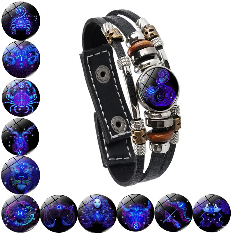 Constellations Luminous Leather Bracelet Retro Multi-layer Beaded Leather Bracelet Jewelry Gifts for Men Women Couples