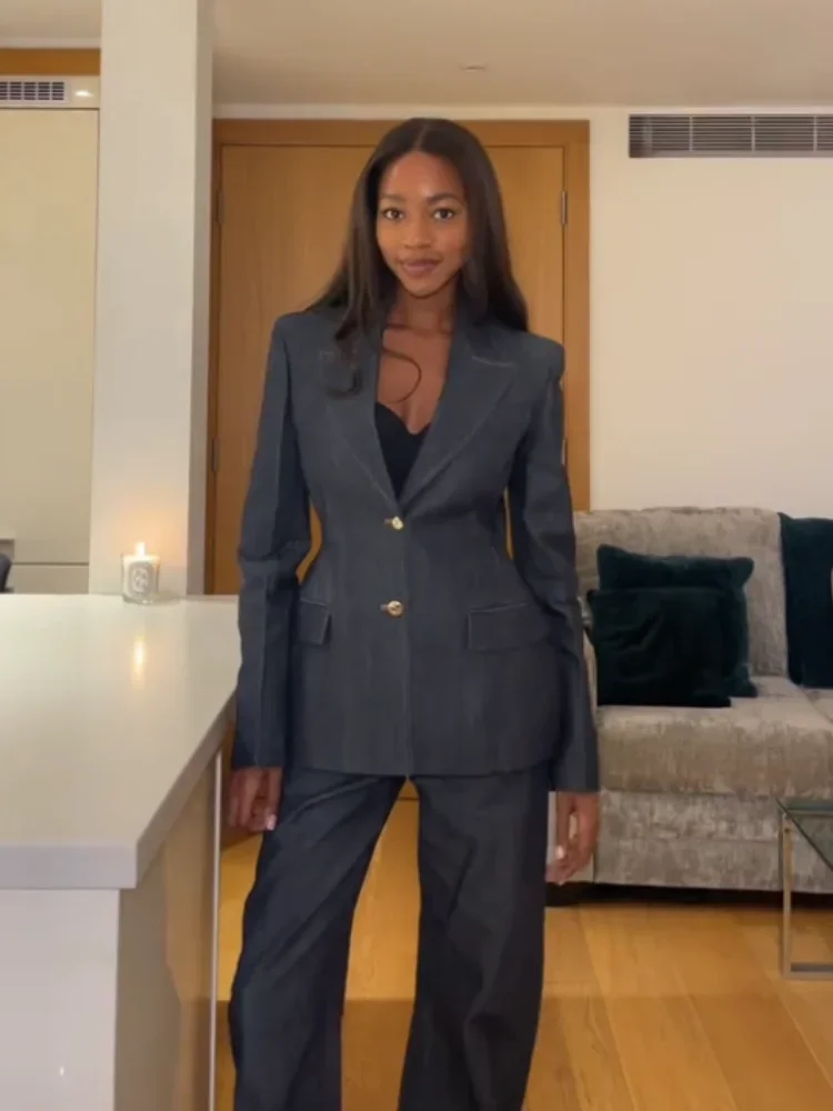 Denim Blazer Coat Tube Top Pants Sets 3 Pieces Women 2025 Spring Notched Button Up Suits Jacket Vest Wide Leg Trousers Suits