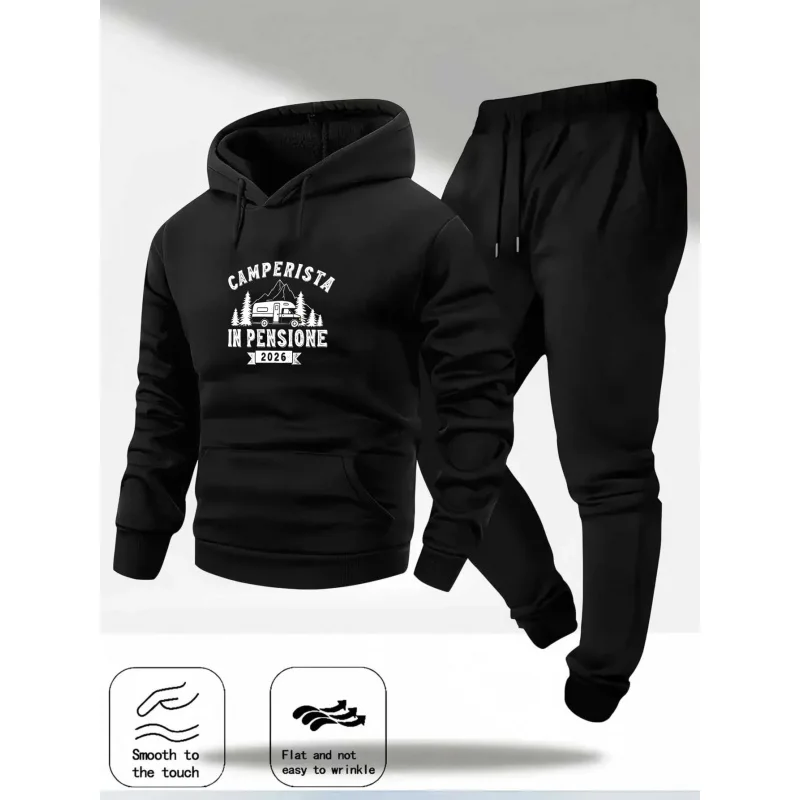 Light Gray Hoodie Set Camperista In Pensione Printed Pattern and Text