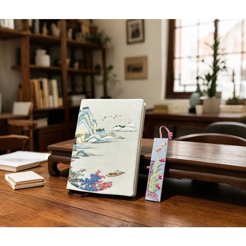 Silk Fabric Journal Notebook with Hand‑Embroidered Bookmark Set, Artisan Handcrafted for Journaling Note Taking Page Marking