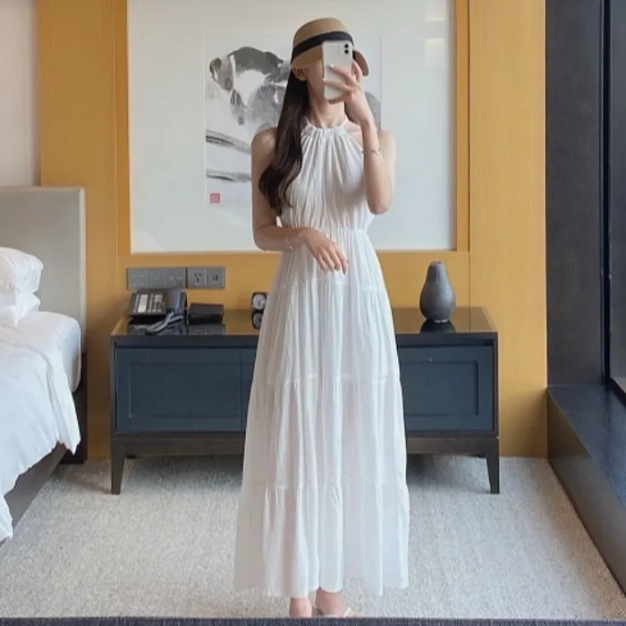 Elegant Neckline Shoulder Bared Waist Cinching Long Holiday Style Fairy Dress Women's Fashion Korean Style Spring Autumn Winter