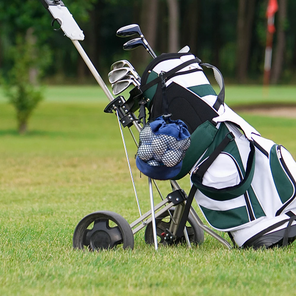 حقيبة تخزين كرة الجولف من البوليستر مع إغلاق برباط - تصميم جيب شبكي لسهولة التنظيم، متوفر باللون الرمادي/الأزرق/الأسود،
