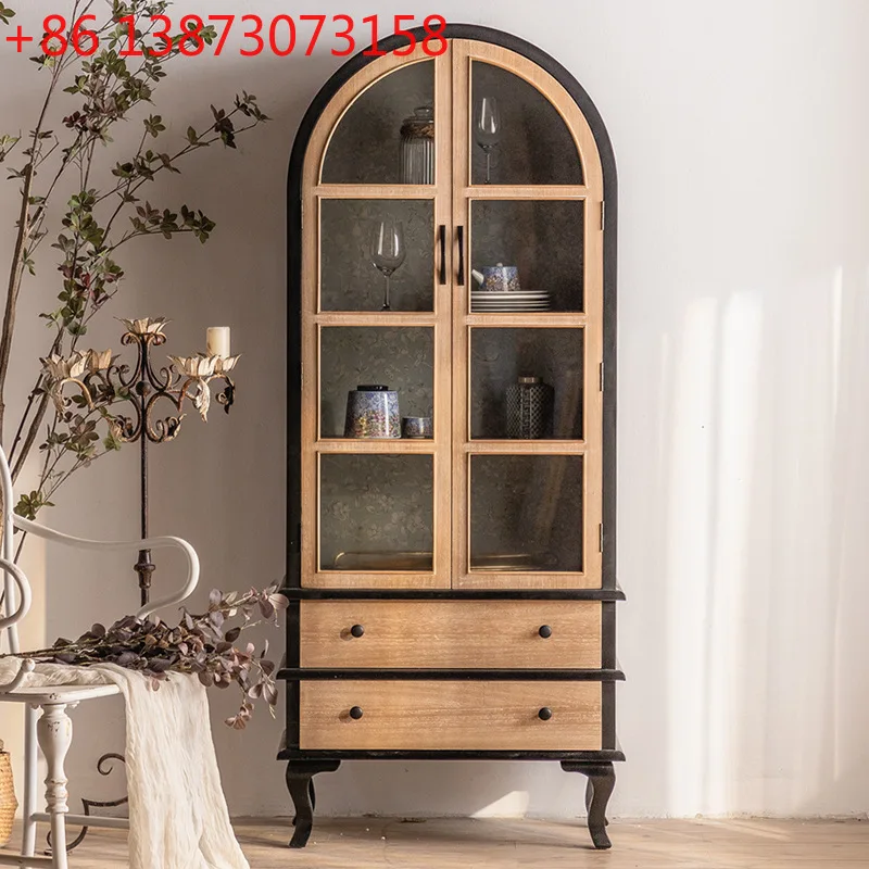 

French wall arched glass door side cabinet double door locker retro figure model storage transparent collection cabinet