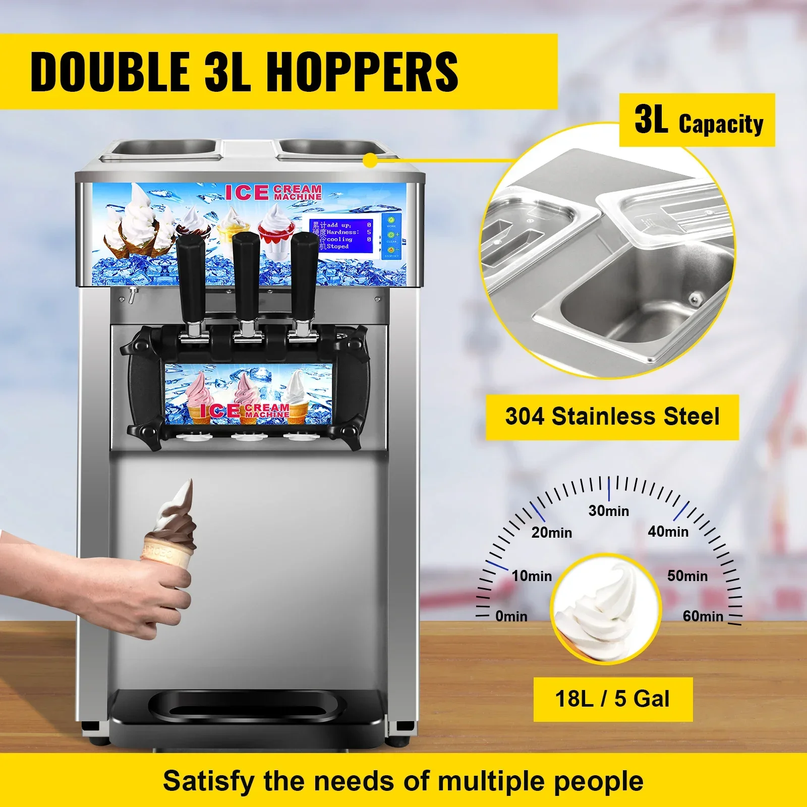 SIHAO Commercial Ice Cream Machine 3-flavor Yogurt Maker One-click Clean 18L/H LCD Display New Soft Ice Cream machine for Home