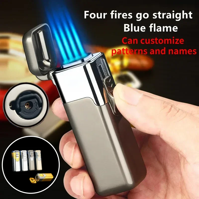 2025 Butane Gas Turbine 4 Torch Blue Flame High Pressure Jet Direct Circulation Cigar Lighter Men's Gift