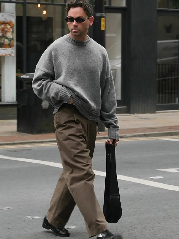 Suéter de Cuello medio alto para hombre, Jersey de punto de Cachemira gruesa de manga larga, cálido, sólido, a la moda, otoño, 2024