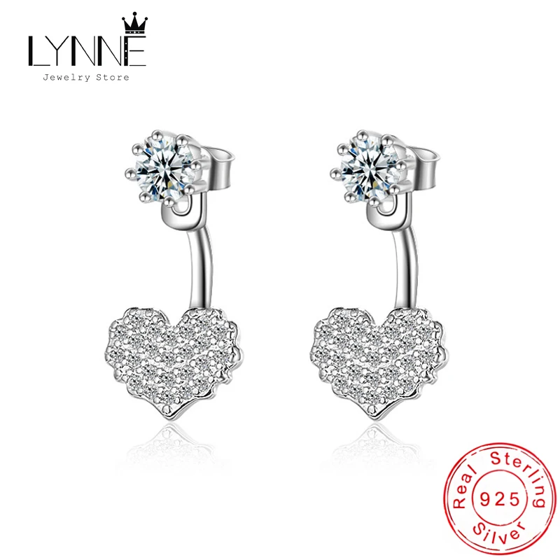 New Fashion Dual Use Luxury Heart Zircon Drop Earrings Women&Girl 925 Sterling Silver Jewelry Round Rhinestone Ear Stud Gift