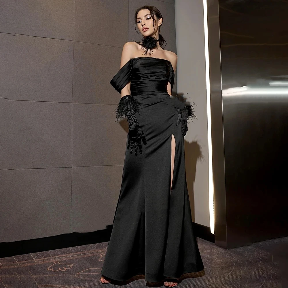 Vestido de noche de satén negro con hombros descubiertos para mujer, traje de sirena para baile de graduación, con plumas de línea a, elegante hasta el suelo, 2024