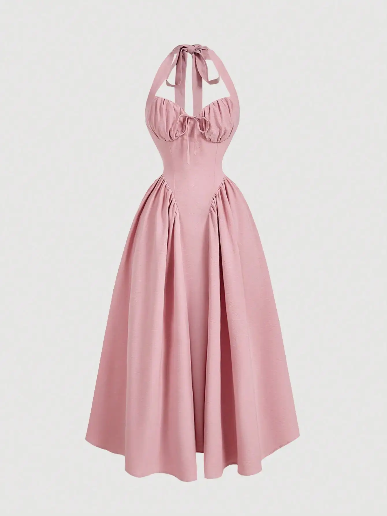 

Женское платье миди с воротником-халтер, драпированным лифом, бантом и цветочным принтом для летних торжественных мероприятий