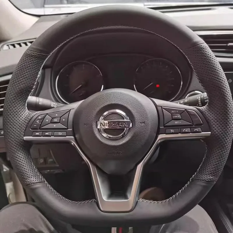 Full Black Leather Car Steering Wheel Cover for Nissan Kicks Rogue Sentra Altima SR Qashqai X-Trail Leaf Micra Versa 2019-2025