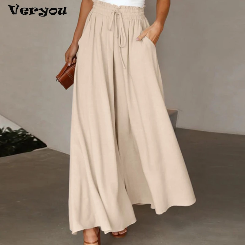 

Women Pants Solid Color Loose-fitting Elastic Waist with Pocket Dress-up Women Summer Pants Drawstring Trousers for Women 2023