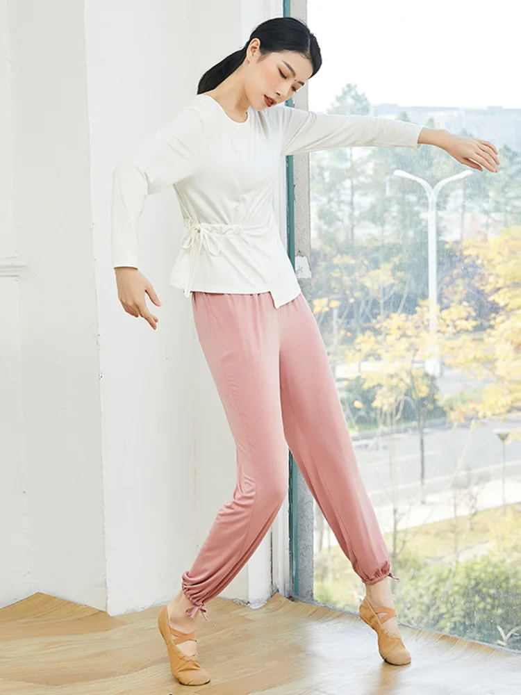 سروال رقص فانوس فضفاض عالي الخصر - بنطال واسع الساق بلون سادة لممارسة الرقص الحديث أو سروال التدريب على المسرح