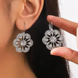 KSRA Fashion Retro Ear Hooks Silver Inlaid Rhinestones Plum Blossom Earrings For Women Simple Circular Flowers Exquisite Jewelry
