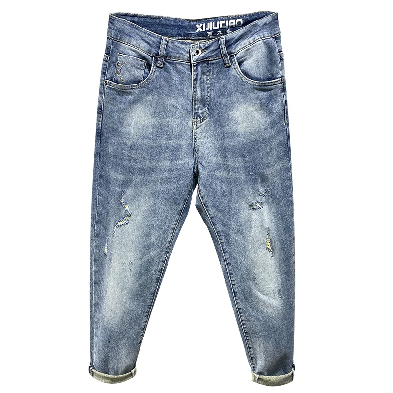 

Jeans For Men Nice Summer Capris Pants Light Blue Stretch Hip Hop Ripped Men's Cropped Trousers Fashion High Quality Harem Pants
