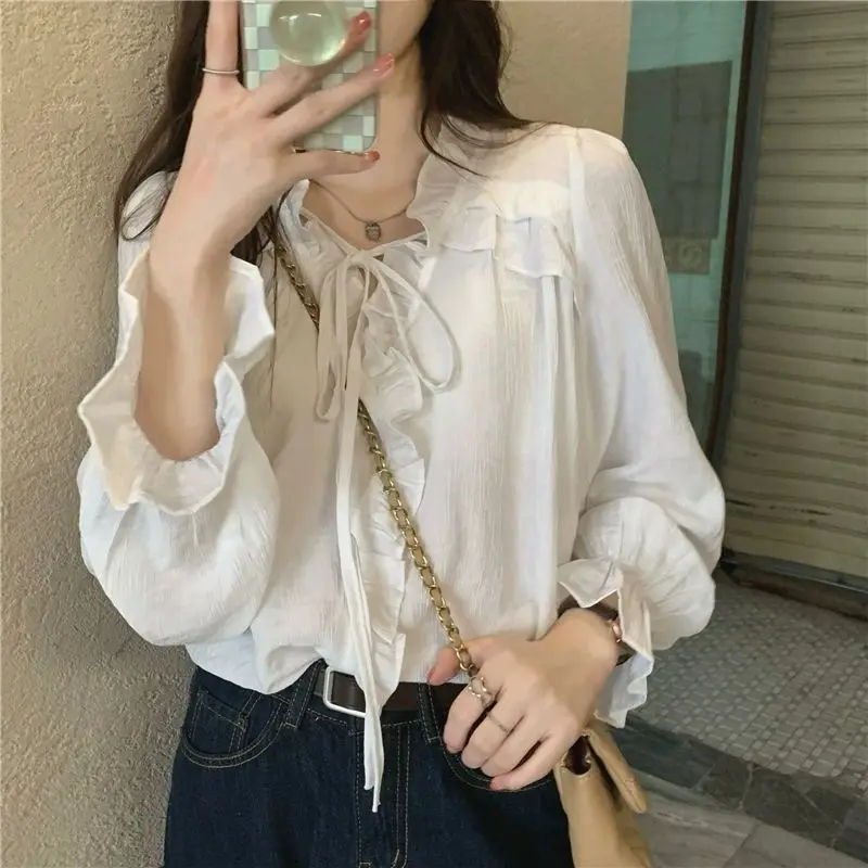 Temperament V Neck Lacing Thin Shirt Tops Spring New Long Sleeve Solid Loose Lacing Korean Blouse Fashion Sweet Women Clothing