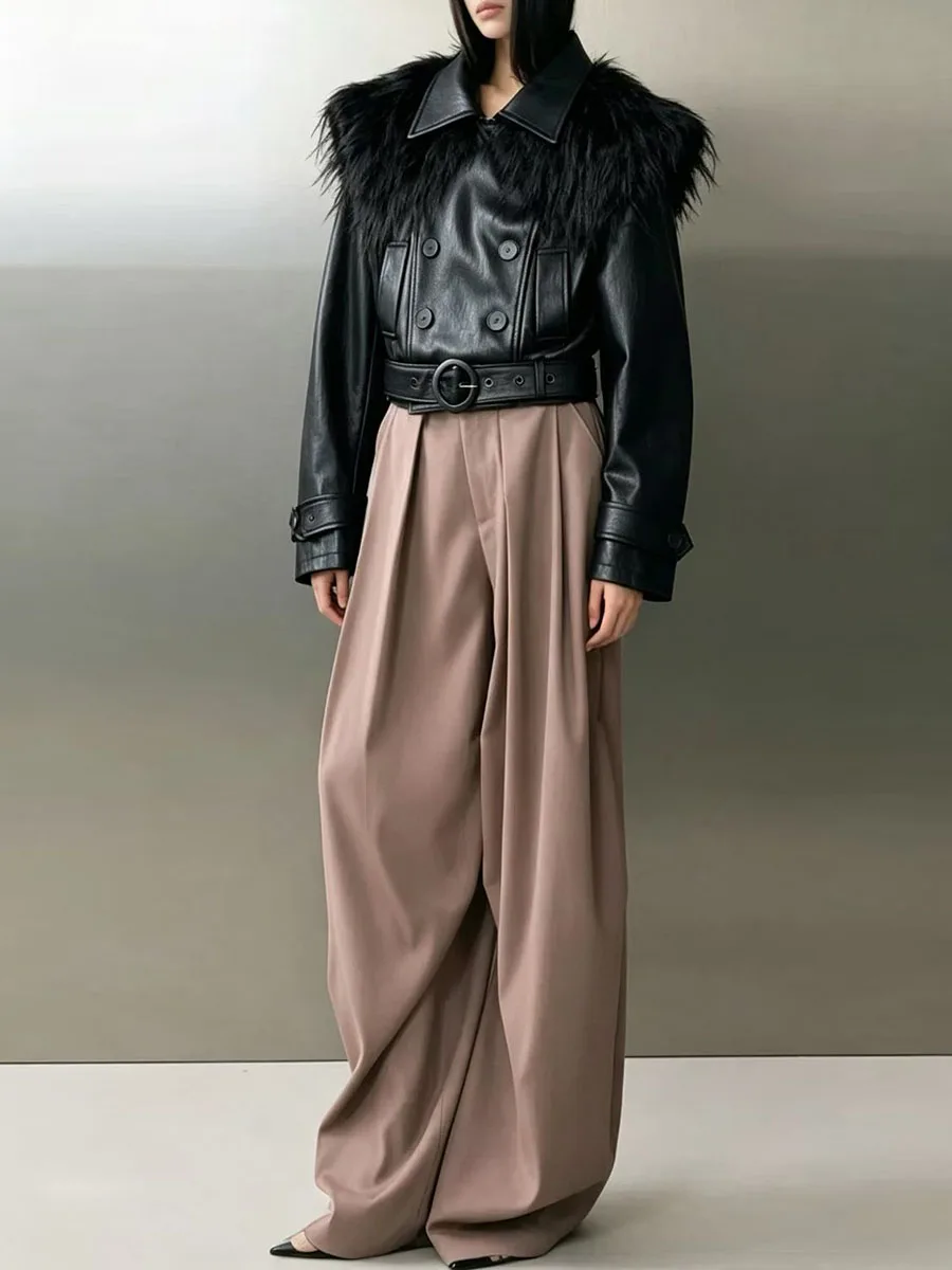TWOTWINSTYLE Faux Fur Shoulder Faux Leather Jacket for Women Double Breasted Belted Waist Pockets Cropped Long Sleeve for Autumn