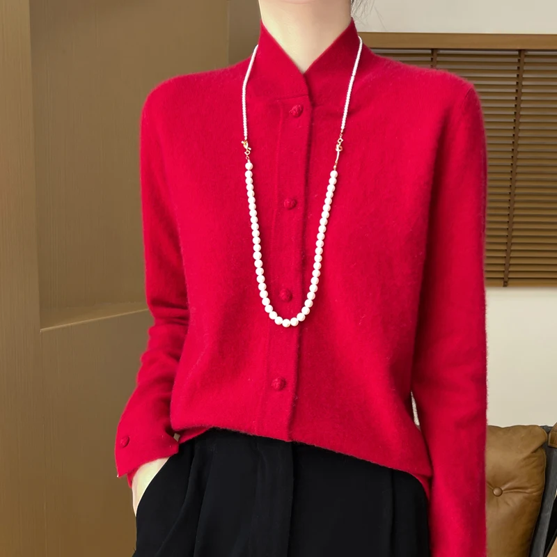 Retro new Chinese sweater 100% beautiful slave wool red fashion collar sweater coat cardigan coat