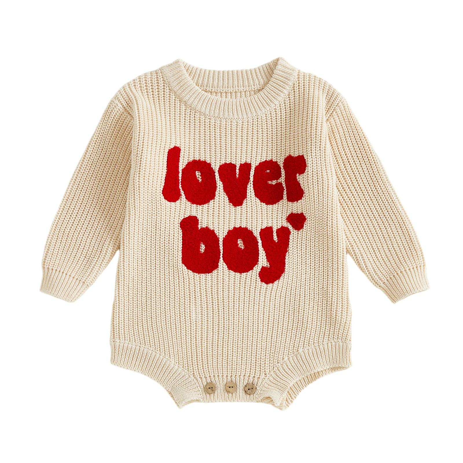 

Baby Boy Knit Romper Loose Fit Letter Embroidery Ribbed Crew Neck Long Sleeve Infant Boy Jumpsuit for Fall Winter