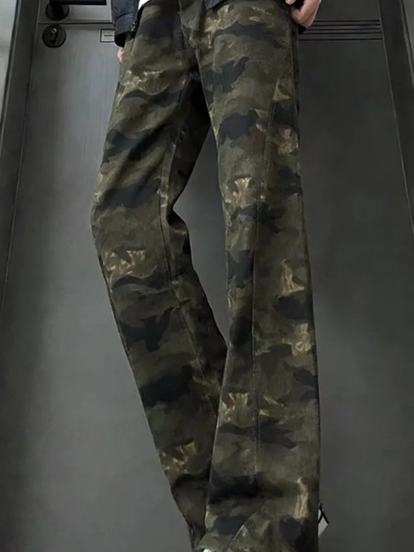 Calças Jeans Boca de Sino Camufladas Estilo Americano Unissex Cintura Média Soltas Vintage com Caimento Alongado Nova Chegada...