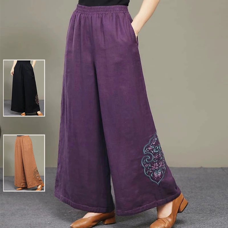 

Широкие брюки из хлопка и льна с вышивкой, повседневные брюки с высокой талией для женщин больших размеров, весна-осень, свободный крой