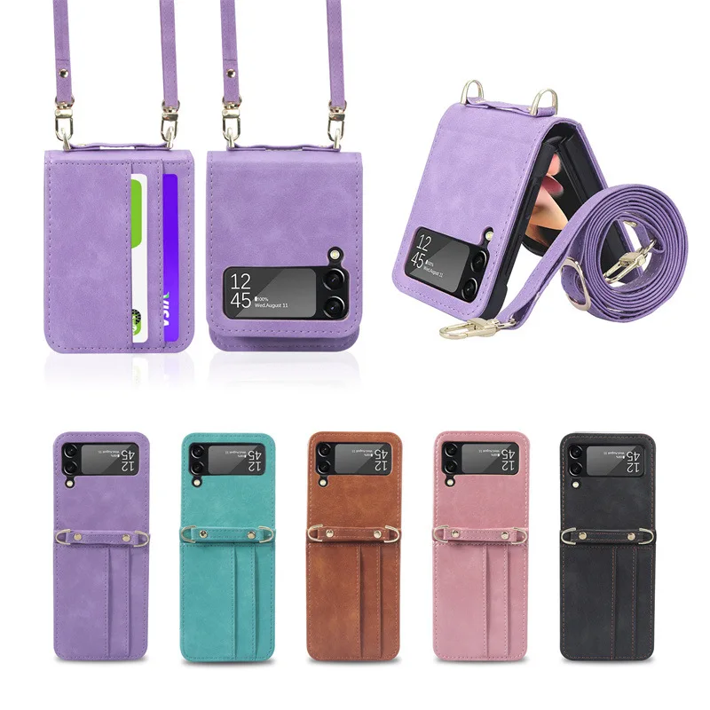 

Vintage Messenger Bag for Samsung Z Flip4 Case with Card Slot Leather Shockproof Shell for Galaxy Z Flip 3 Case with Strap