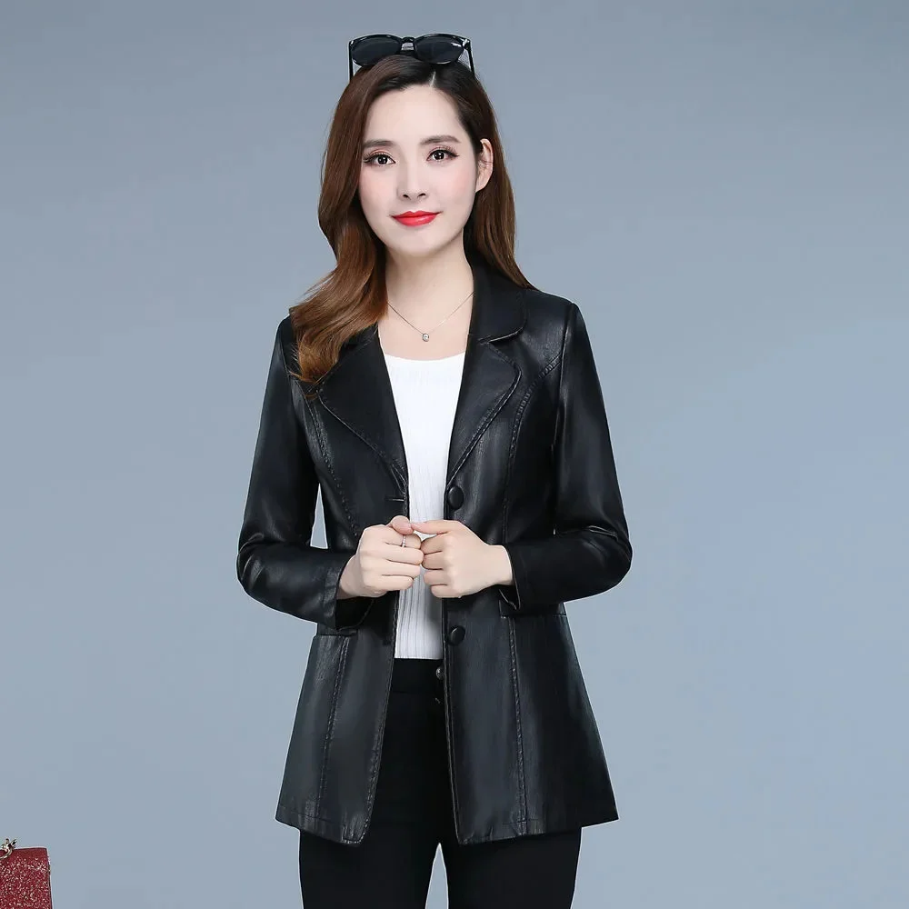 Hohe Qualität 2025, Herbst Und Winter Neue Leder Leder Mantel frauen Kurze Dünne Anzug Kragen Leder Jacke Weiblichen mantel Schwarz