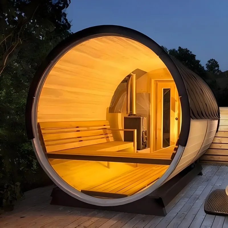 Outdoor 6-person Traditional Barrel Sauna Panorama, Sauna Room  1pcs