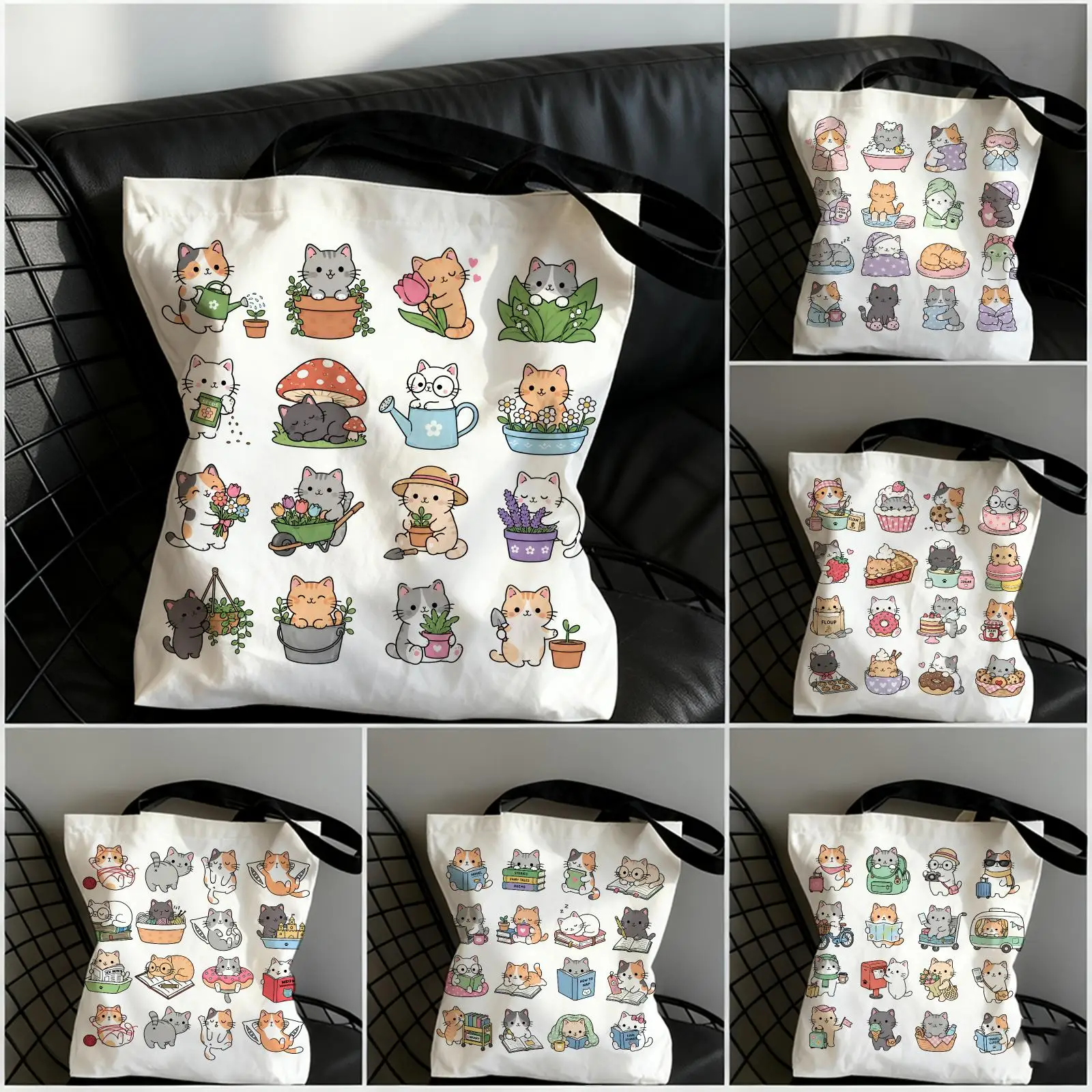 Cute Cat Collage Storage Bags Large Capacity Canvas Tote Bag Double-Sided Print Shoulder Handbag for Daily Shopping