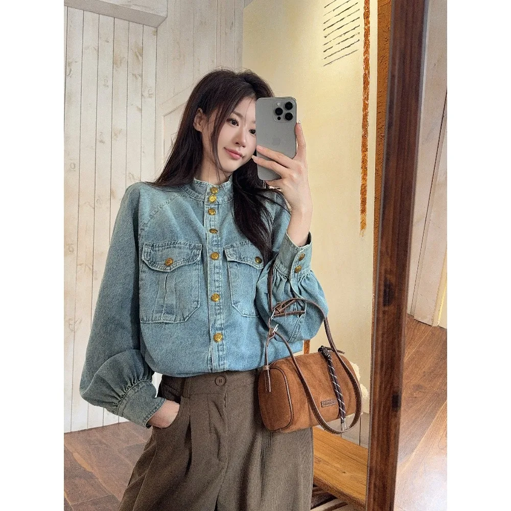 

Джинсовая рубашка SuperAen в американском ретро-стиле с воротником-стойкой и длинными рукавами, новинка весенней коллекции, оверсайз, уникальная модная верхняя одежда