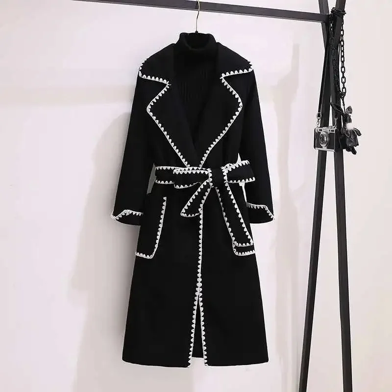 Women Woolen Jacket  2023 Korean New Spring Autumn Clothing Mid-Length Lacing Strap Wool Blend Coat Slim Female Outerwear M-4XL