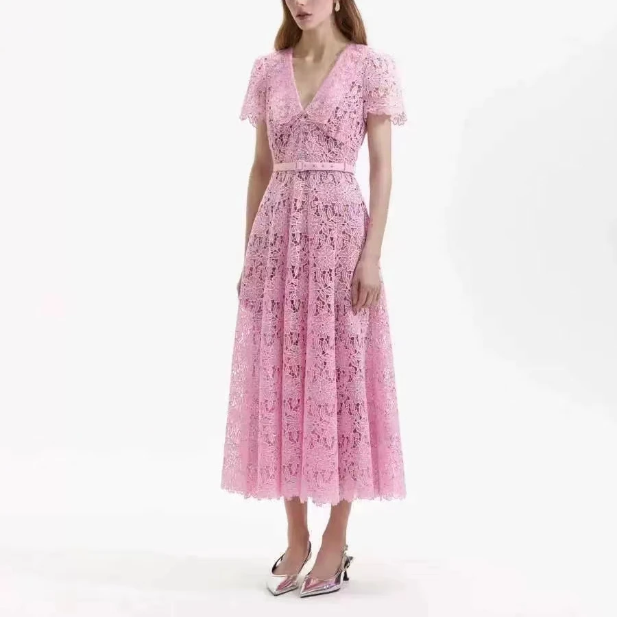 

Женское дизайнерское длинное платье-туника, розовое платье с отложным воротником и коротким рукавом, расширяющееся книзу, праздничное платье