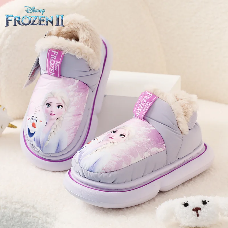 Disney Frozen sandal katun anak perempuan, sepatu lembut mewah untuk musim dingin, penjaga kehangatan dalam ruangan, anti selip, kamar tidur, sepatu anak-anak