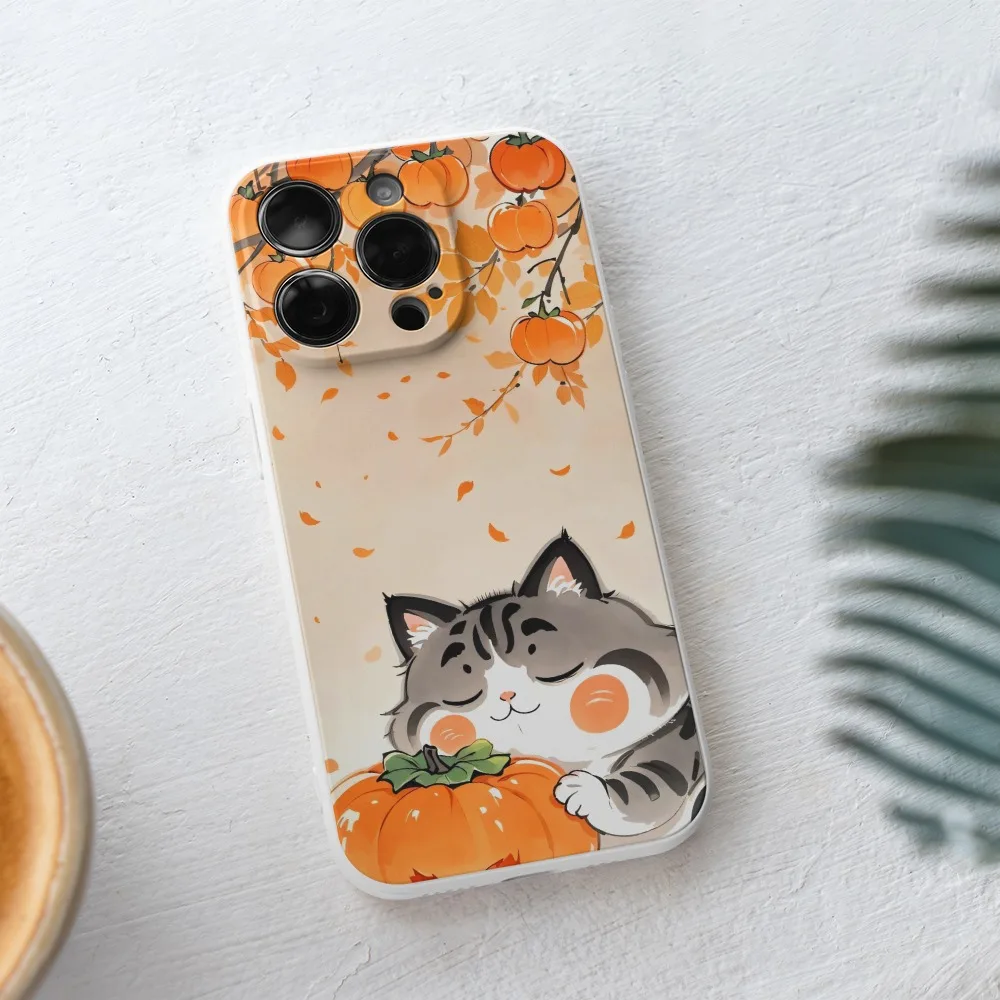 Autumn Cute Fat Cat with Persimmon Phone Case For iPhone 14 15 16 Pro Max 11 12 13 Mini 7 8 Plus X XR XS Soft Shockproof Cover