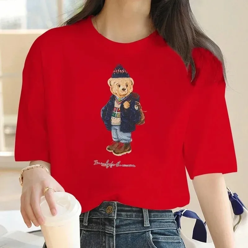 2024 Luxury Brand Summer Print T-shirt Plus Size Bear for Women\'s High-Quality Cotton Casual Oversized Personality Sleeve O-neck