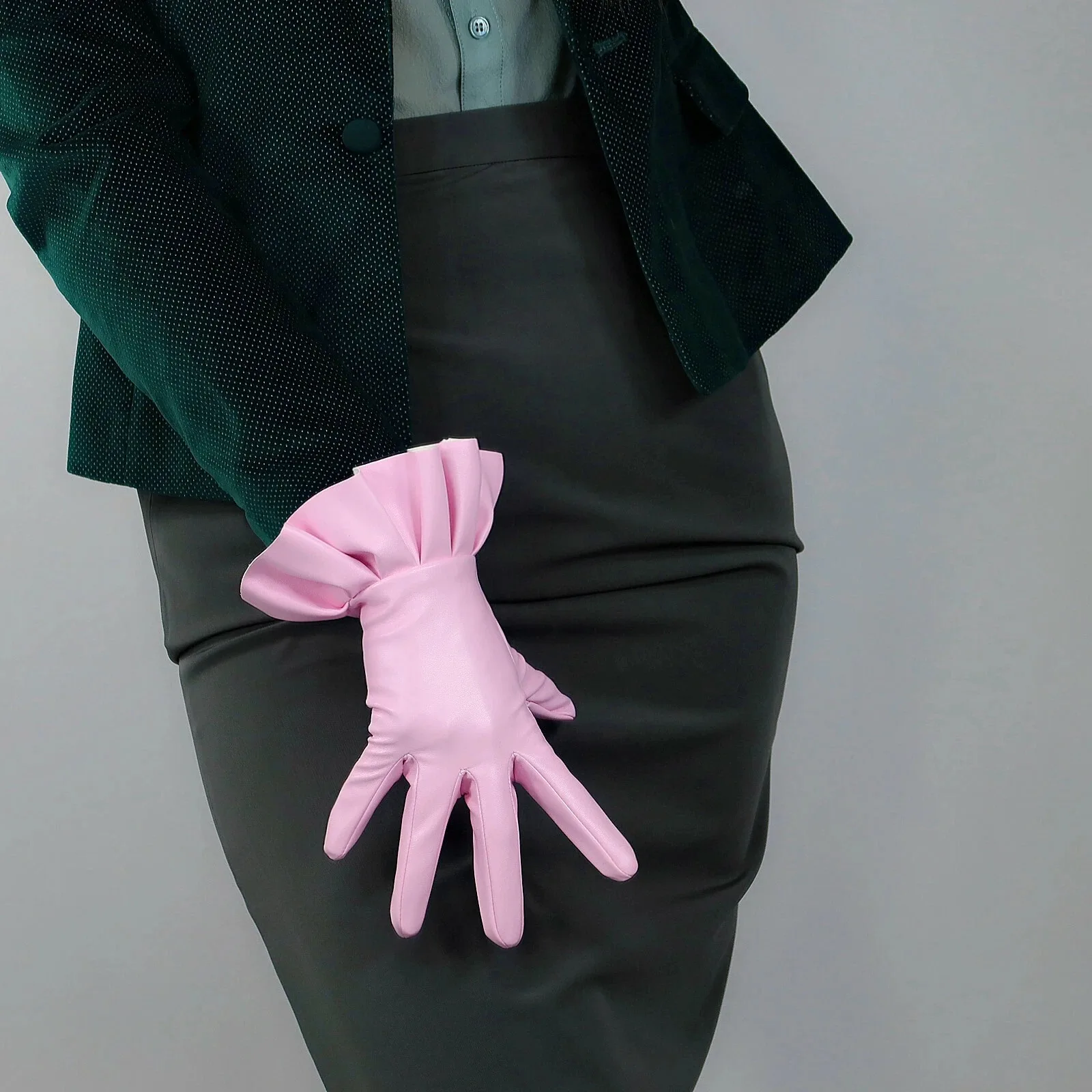 RUFFLE PINK GLOVES 25cm Wrist Short Faux PU Leather Pleated Trim Fashion Stage Evening Party Dancing Photos Halloween Costume