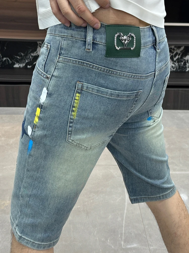 Fashionable Youth Denim Shorts Men's Summer Slim Fit Luxury Sensation Laser Cut Printed Straight Leg Five-Quarter Pants