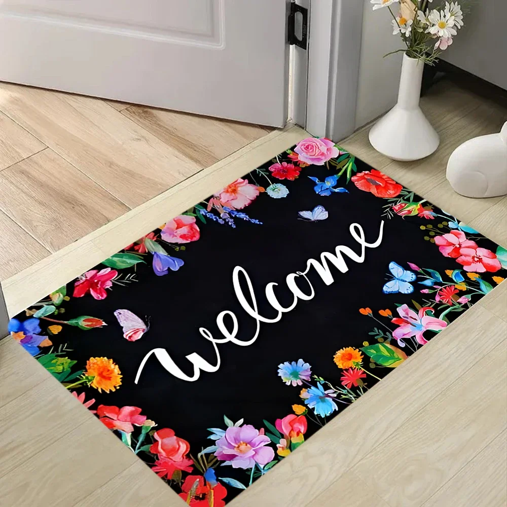 Botanical Welcome Carpet Mat Rug Nature Inspired & Fresh Home Decoration with Black Green Tone for Entryway Living Room