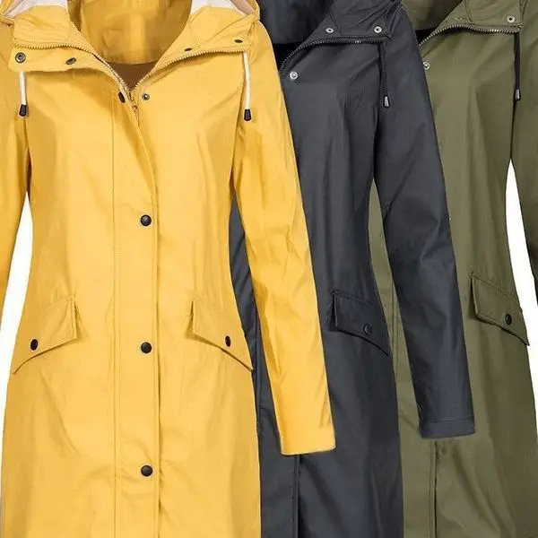 Women Casual Solid Color Long Coat Waterproof Zipper Rain Jacket Solid Color Outdoor Mountaineering Hooded Windproof Windbreaker