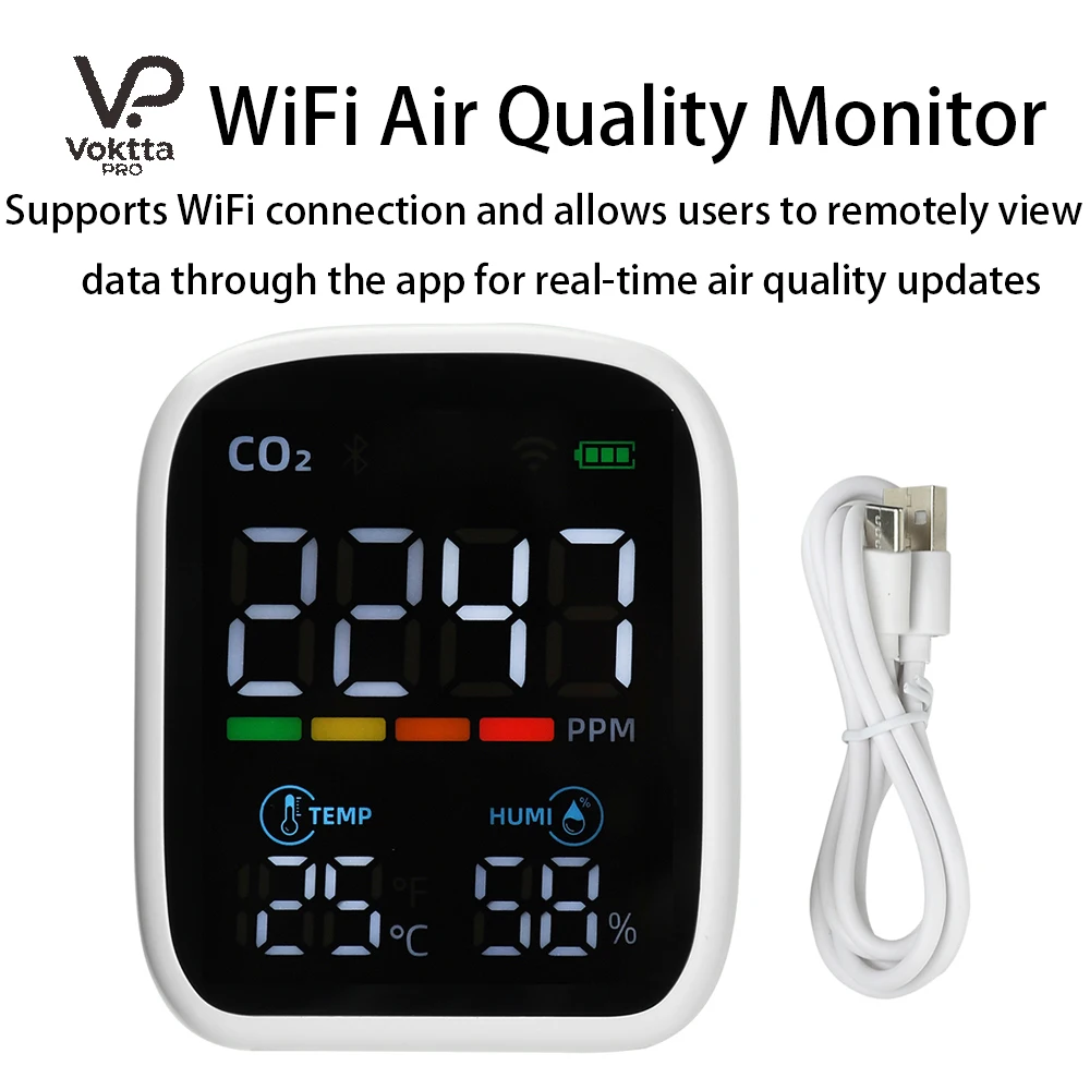 

Многофункциональный Wi-Fi монитор качества воздуха 3-в-1: детектор CO2, температуры и влажности, контроль через приложение, инфракрасный датчик NDIR