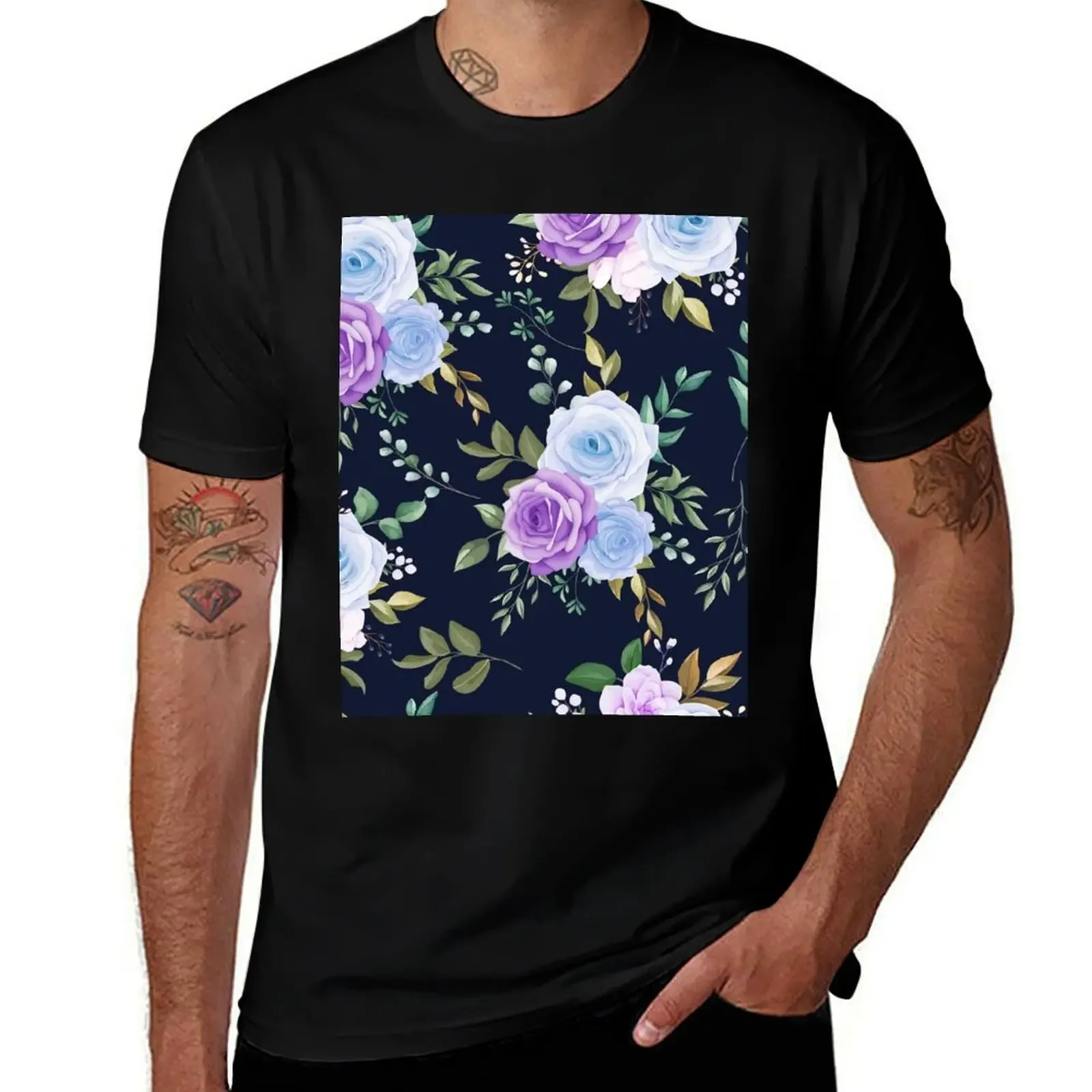 Beautiful blue flower green leaves pattern T-Shirt vintage t shirts Luxury man men graphic t shirts