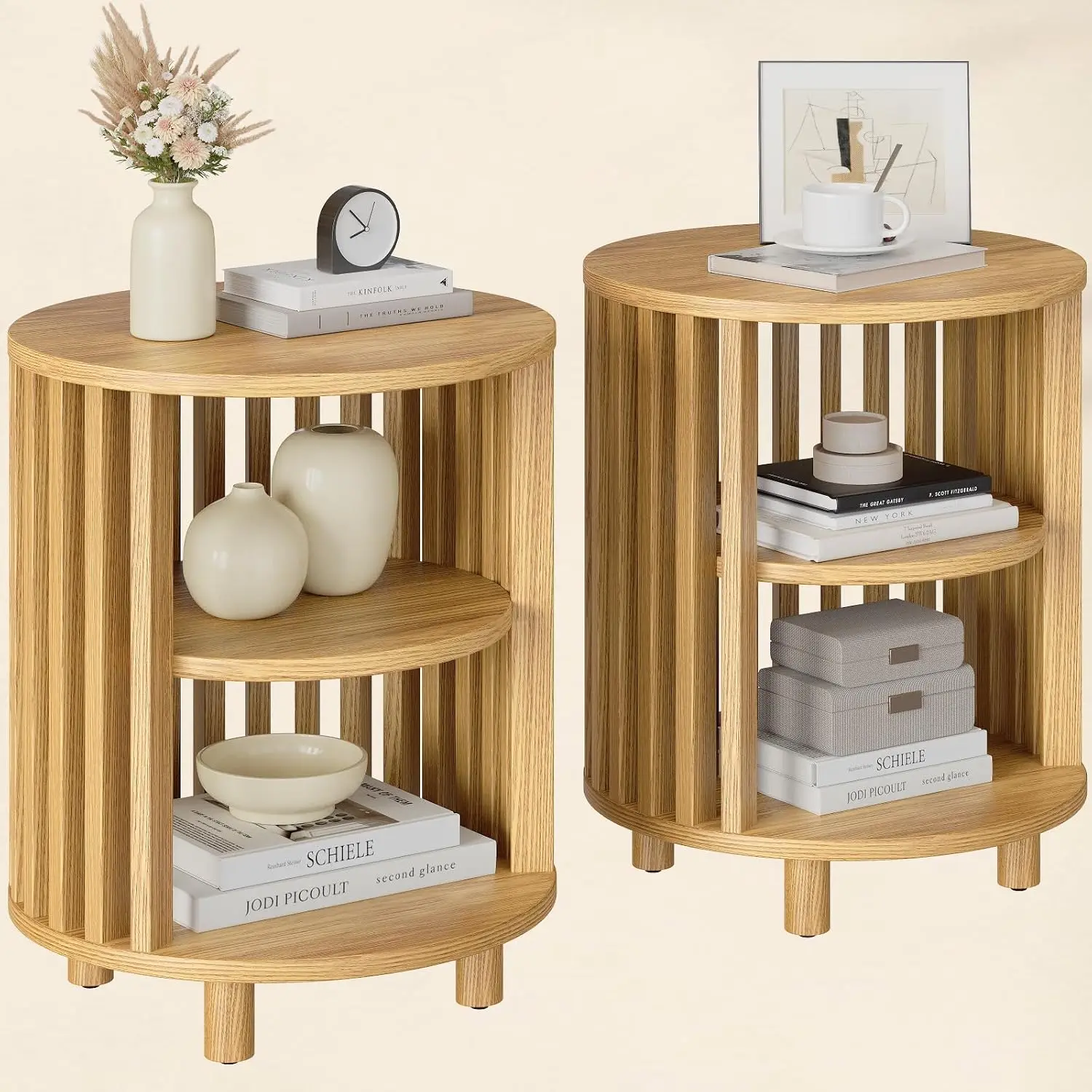 Round End Table Wood Bedside Table Mid Century Modern Nightstand With Open Storage Shelf 3 Tier Small Side Tables For Living Room Bedroom Curved Profile Design Natural Oak 2 Pack