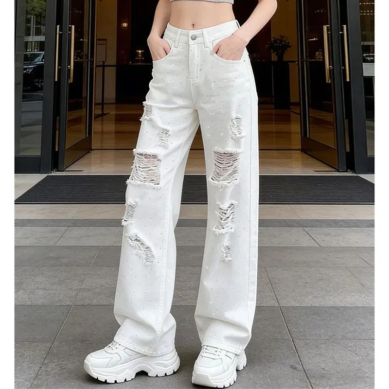 Korean Ladies Fashion High Waist Denim Trousers Summer Women Thin Narrow Cowboy Pantalons Female Solid Color Casual Ripped Jeans