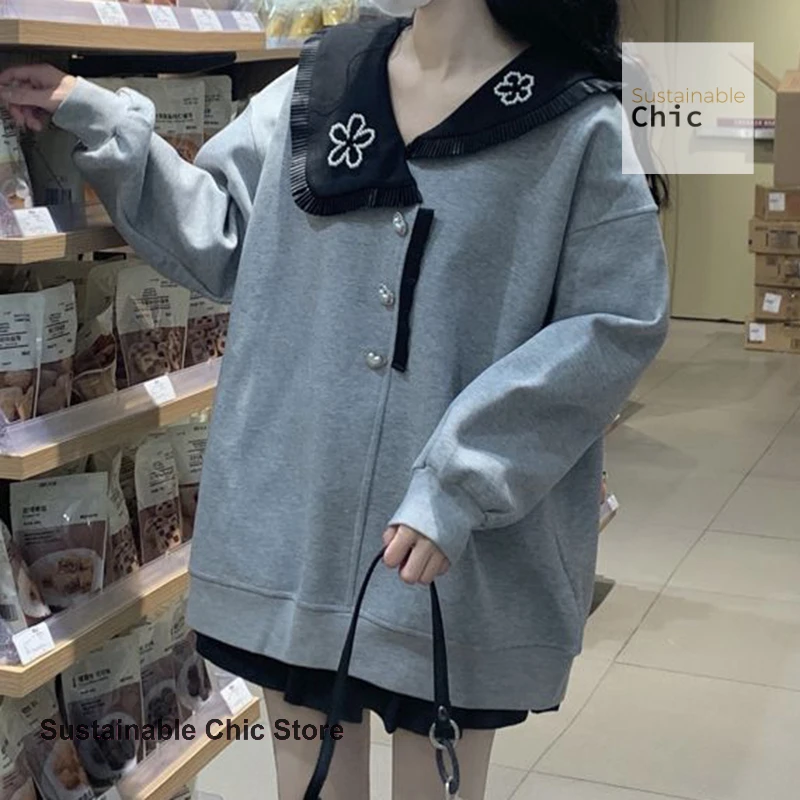 French style gray fashion plus size sweater women's spring and autumn new design sense niche chic doll collar casual Joker top