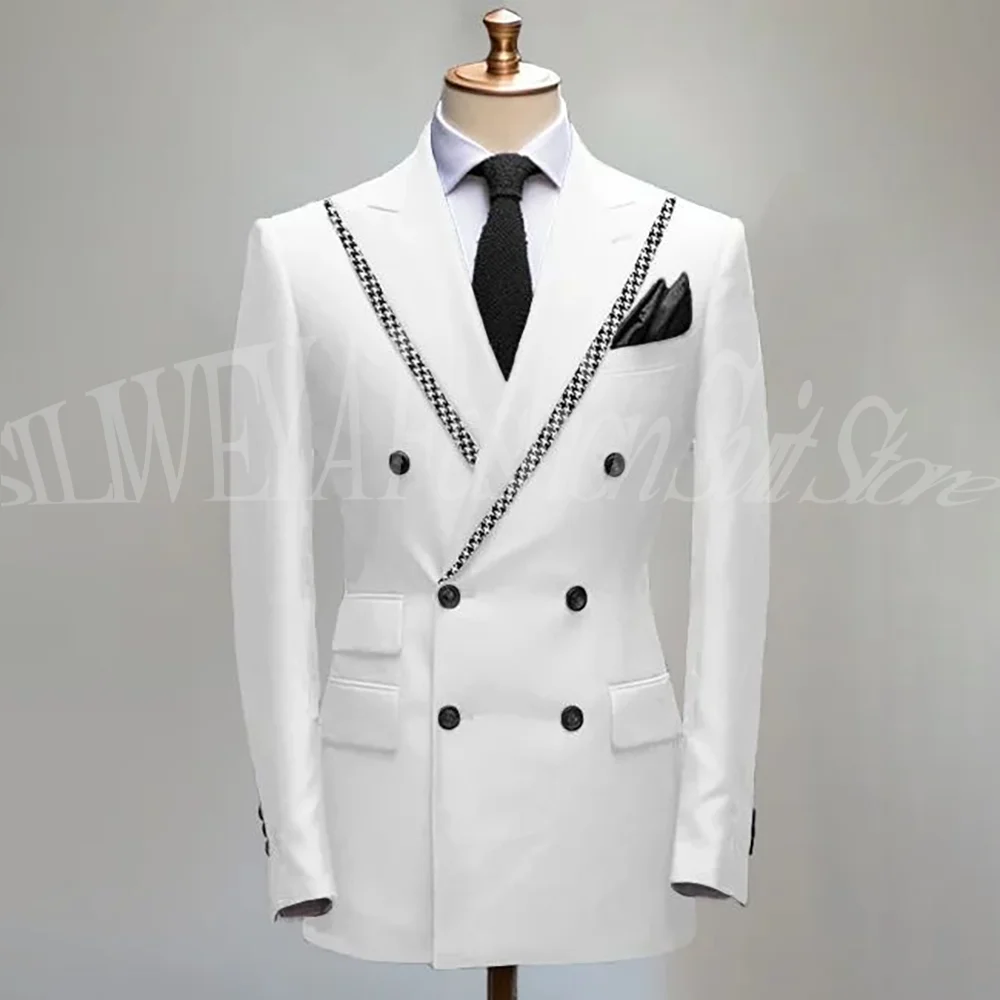Weddings Suits For Man Luxury White Blazer Set Patchwork Neck 2 Pieces Jacket Pants High Quality Double Breasted Male Tuxedos