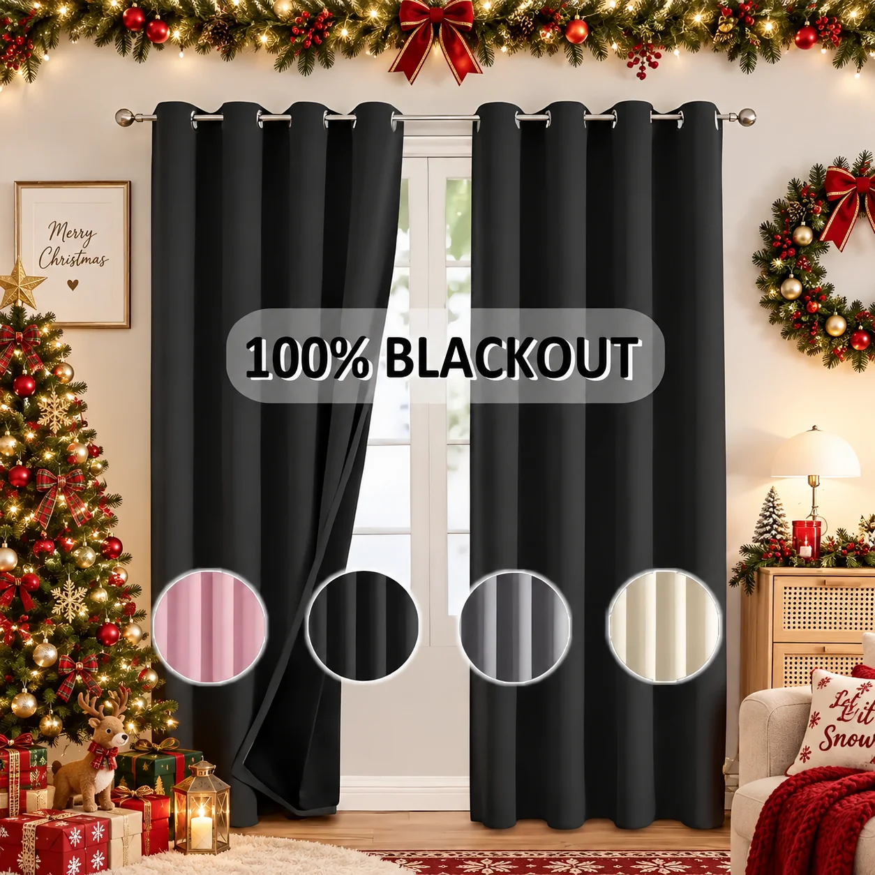 2pcs Completely Light-Blocking Curtains Designed for Indoor Use, Solid Color Lightweight Christmas Curtains for Living Room